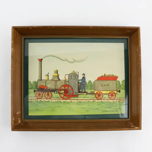 Lot of 2 E Melvin Bolstad Framed Folk Art Prints: Rapid Transit and C&P w/Hanger