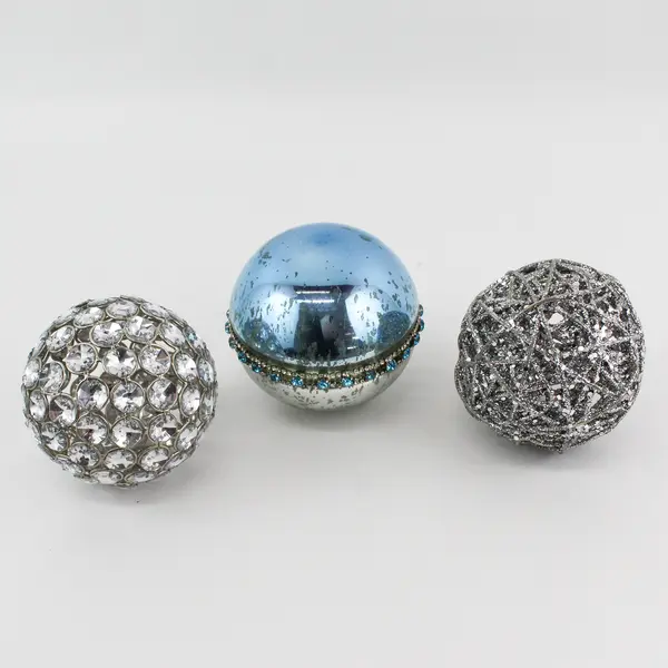 Set Of 3 Unbranded Blue White Glitter Home Decor Balls/Orbs 4.25" Diameter