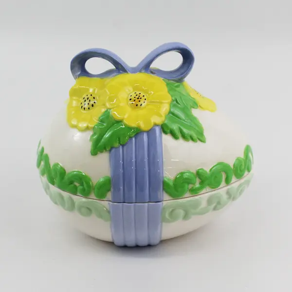Vintage Easter Egg Ceramic Candy Dish Lidded Floral Bow