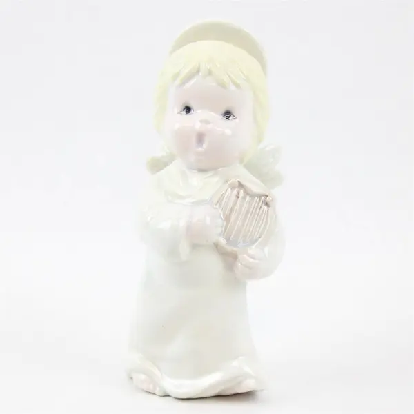 Vintage White Porcelain Singing Angel with Harp Figurine 6.75 in