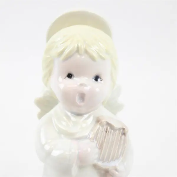 Vintage White Porcelain Singing Angel with Harp Figurine 6.75 in