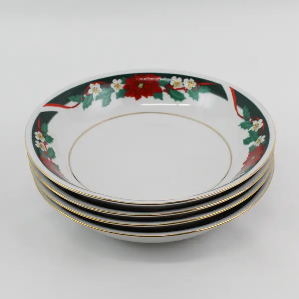 Set Of 4 Tienshan Fine China Deck The Halls 7 1/2” Christmas Soup Bowls 