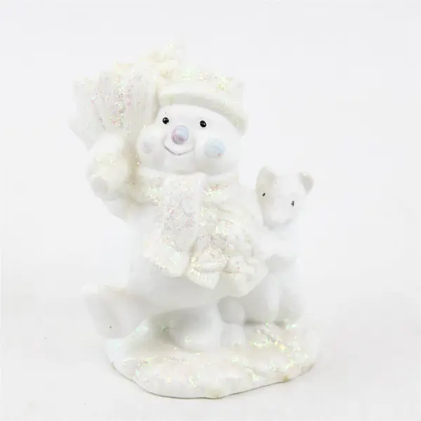 White Ceramic Glitter Snowman Figurine Carrying Tree w/ Squirrel - New
