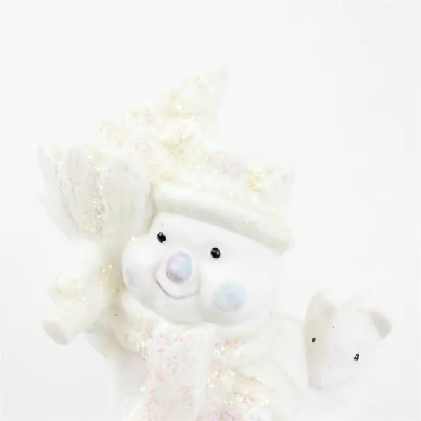 White Ceramic Glitter Snowman Figurine Carrying Tree w/ Squirrel - New