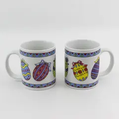Lot of 2 Easter Themed Ceramic Mugs Featuring Colorful Decorated Eggs