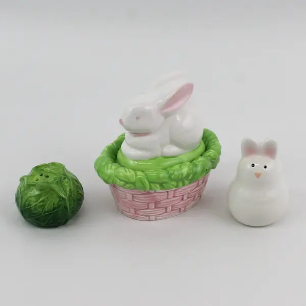 Dept 56 Bunny Rabbit Trinket Box, 3.12" Tall, & Sm. Rabbit Salt &Pepper Shakers