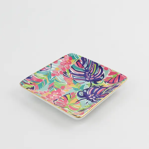 Lilly Pulitzer Multicolor Floral Square Ceramic Trinket Tray Gold Trim 4.25"