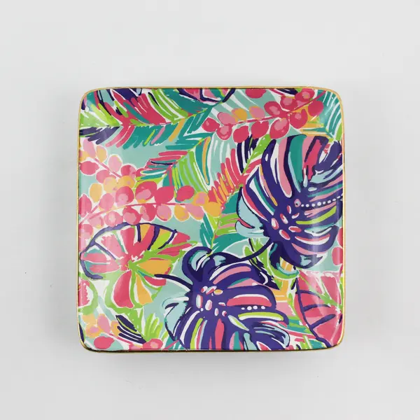 Lilly Pulitzer Multicolor Floral Square Ceramic Trinket Tray Gold Trim 4.25"