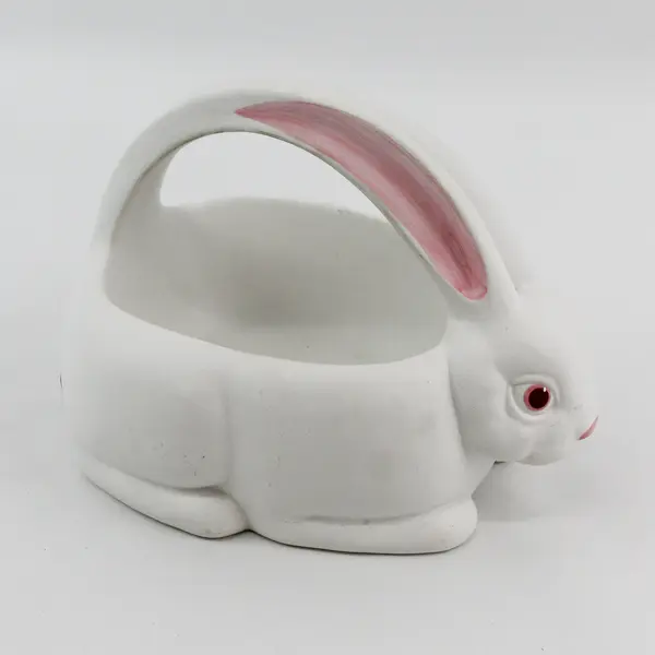 Department 56 Ceramic Bunny Rabbit Figure Basket with Handle Easter Candy Dish