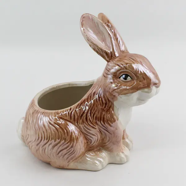 Vintage Ceramic Bunny Figurine Brown Glazed Collectible (Blooming Rite), 7.8" T