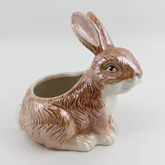 Vintage Ceramic Bunny Figurine Brown Glazed Collectible (Blooming Rite), 7.8" T