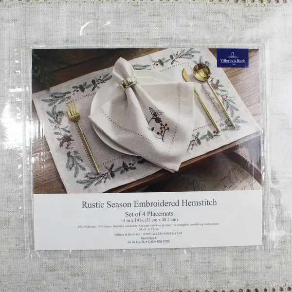 Set Of 4 Villeroy & Boch Rustic Season Embroidered Hemstitch Placemats 13" x 19"