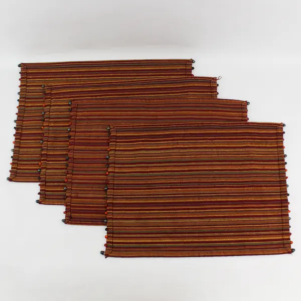 Set Of 4 Unbranded Matching Rusty Red/Yellow Striped Beaded Placemats 14" x 21"