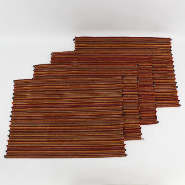 Set Of 4 Unbranded Matching Rusty Red/Yellow Striped Beaded Placemats 14" x 21"