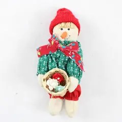 Folk Art Stuffed Snowman Doll with Basket of Flowers Vintage Holiday Decor