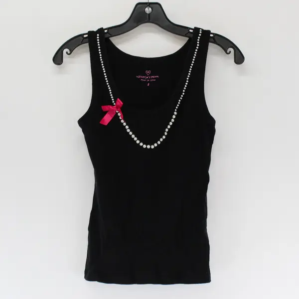 Victoria's Secret Black Tank Top Faux Pearl Accents Pink Bow Women's Small