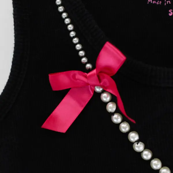 Victoria's Secret Black Tank Top Faux Pearl Accents Pink Bow Women's Small