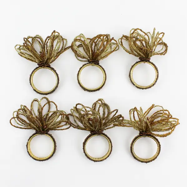Lot Of 6 Unbranded Matching Iridescent Brown Beaded Round Metal Napkin Rings