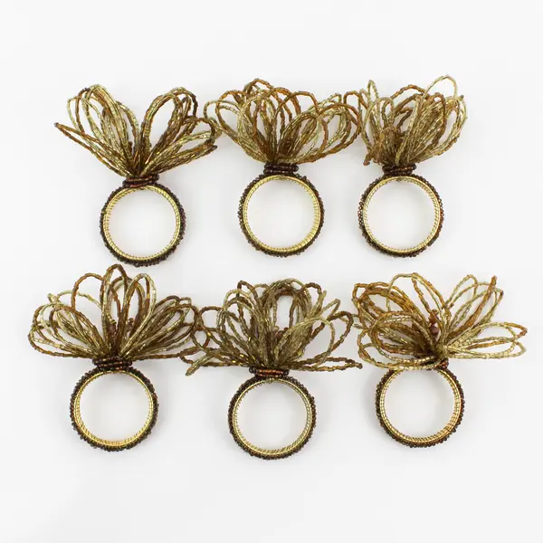 Lot Of 6 Unbranded Matching Iridescent Brown Beaded Round Metal Napkin Rings