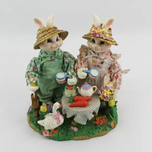 Large Easter Bunny Rabbits Standing Couple Drinking Tea Figurine Piece