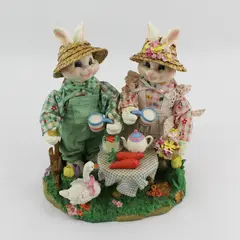 Large Easter Bunny Rabbits Standing Couple Drinking Tea Figurine Piece