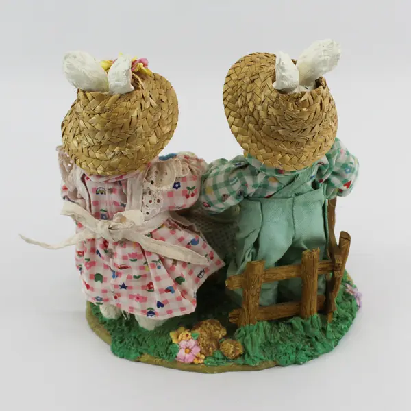 Large Easter Bunny Rabbits Standing Couple Drinking Tea Figurine Piece