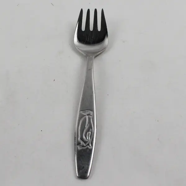 Vintage Nicrolux 18/9 Stainless Youth Fork Engraved Penguin Motif 5.5" Rare