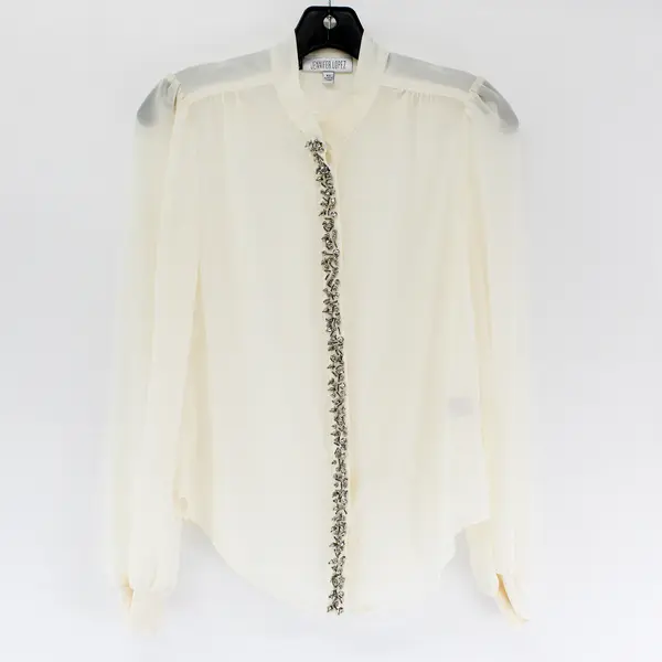 Jennifer Lopez Sheer Cream-Colored Beaded Balloon Sleeve Blouse Women's XS