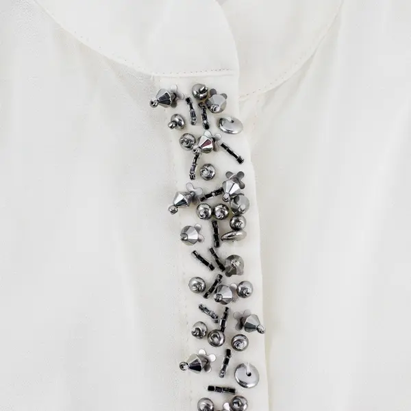 Jennifer Lopez Sheer Cream-Colored Beaded Balloon Sleeve Blouse Women's XS