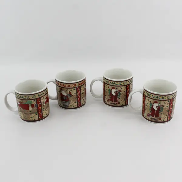 Lot Of 4 Sakura Brand Magic Of Santa Pattern Ceramic Coffee/Tea Mugs 3.75" Tall
