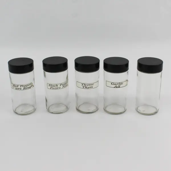 Lot of 6 Clear & Black Plastic Lid Glass Spice Jars  3.6"x1.6"