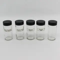 Lot of 6 Clear & Black Plastic Lid Glass Spice Jars  3.6"x1.6"