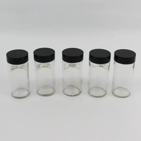 Lot of 6 Clear & Black Plastic Lid Glass Spice Jars  3.6"x1.6"