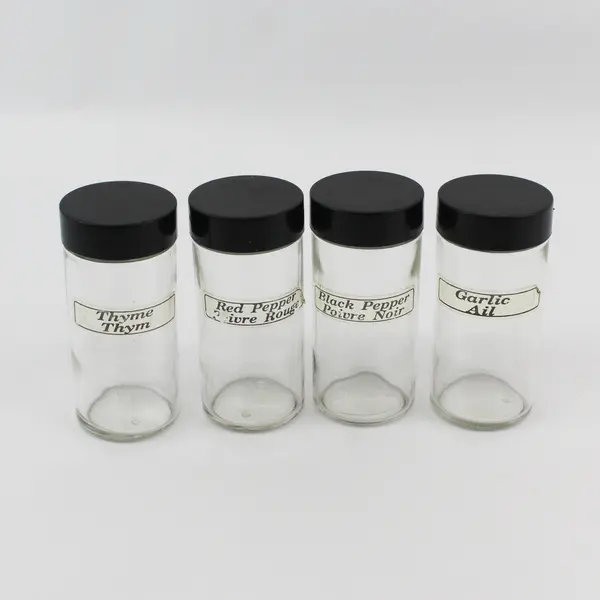 Lot of 6 Clear & Black Plastic Lid Glass Spice Jars  3.6"x1.6"
