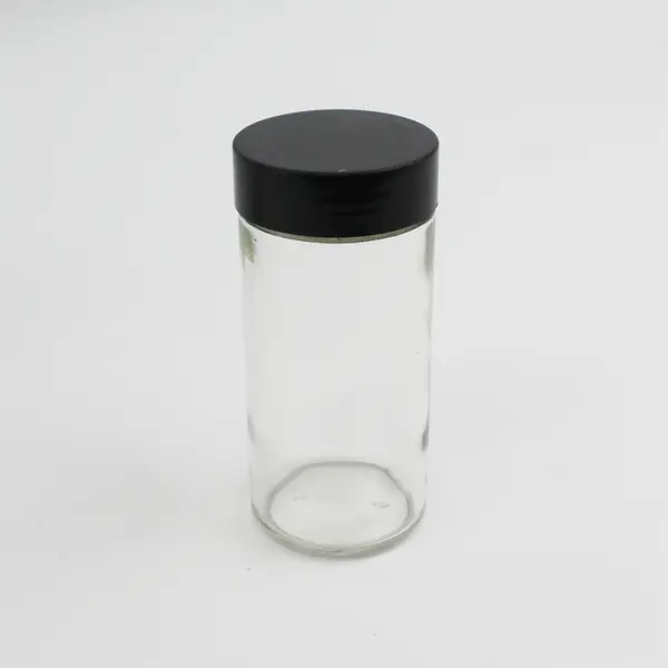 Lot of 6 Clear & Black Plastic Lid Glass Spice Jars  3.6"x1.6"