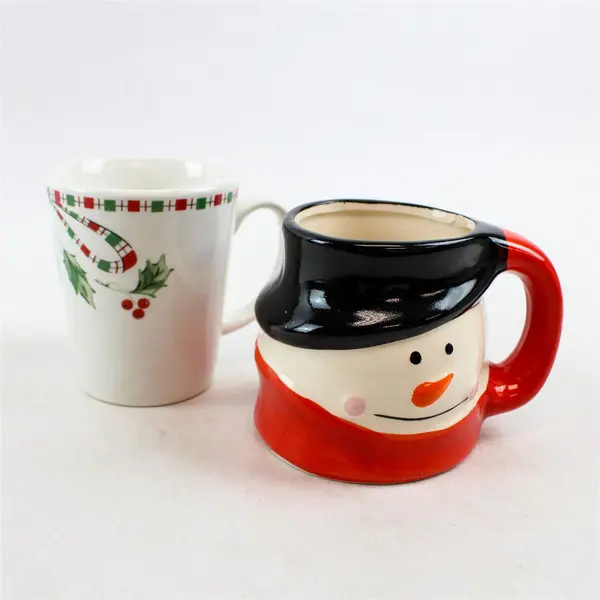 Lot of 2 Ceramic Christmas Coffee Mugs Snowman Holly Ribbon