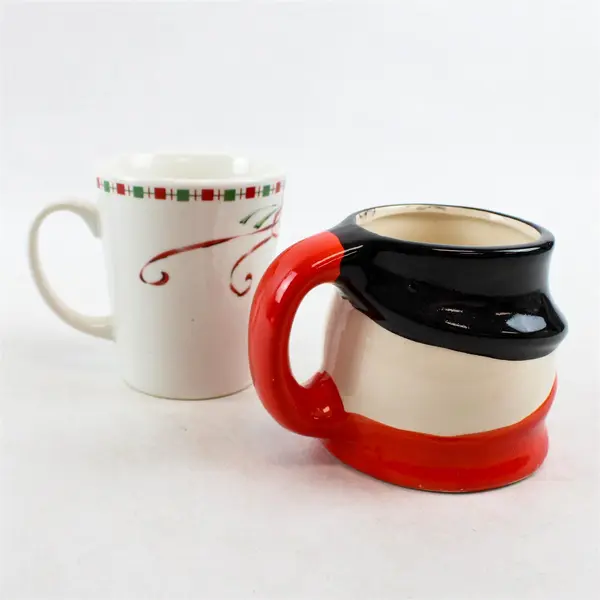 Lot of 2 Ceramic Christmas Coffee Mugs Snowman Holly Ribbon