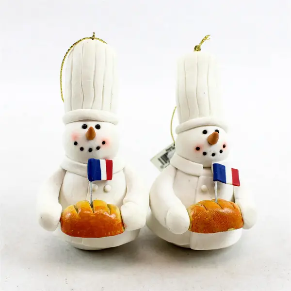 Set of 2 Mitchell Import TJ's Christmas Ceramic Chef Snowman w/ French Flag