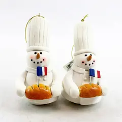 Set of 2 Mitchell Import TJ's Christmas Ceramic Chef Snowman w/ French Flag