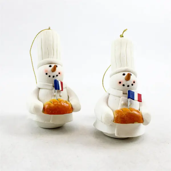 Set of 2 Mitchell Import TJ's Christmas Ceramic Chef Snowman w/ French Flag