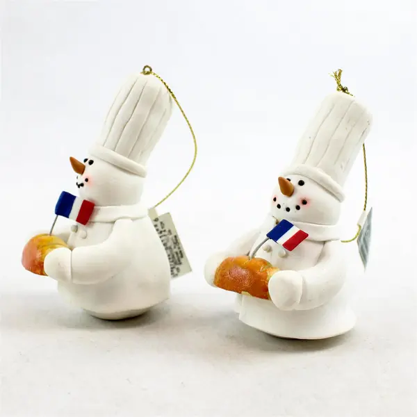 Set of 2 Mitchell Import TJ's Christmas Ceramic Chef Snowman w/ French Flag