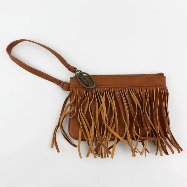 Carlos Santana Brown Fringe Zip Wristlet Clutch  8"x5"