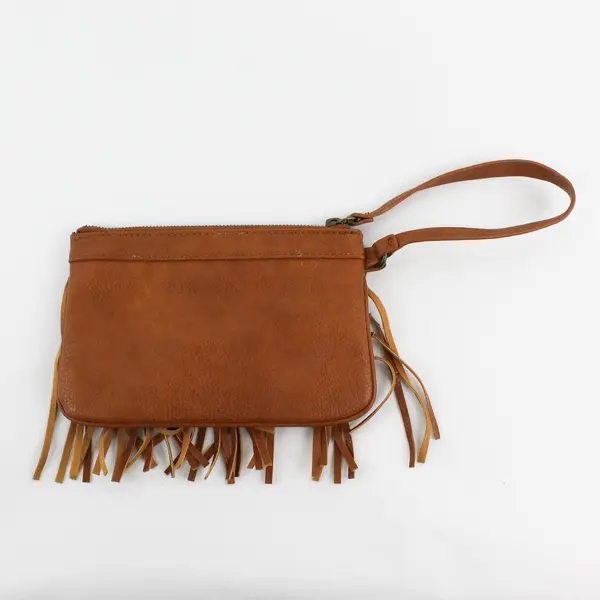 Carlos Santana Brown Fringe Zip Wristlet Clutch  8"x5"