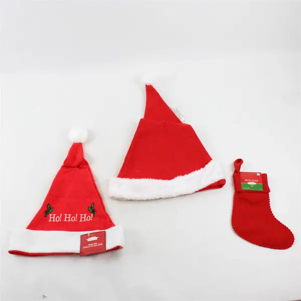 Lot of 3 Christmas Santa Hats & Mini Stocking - New Holiday Decor