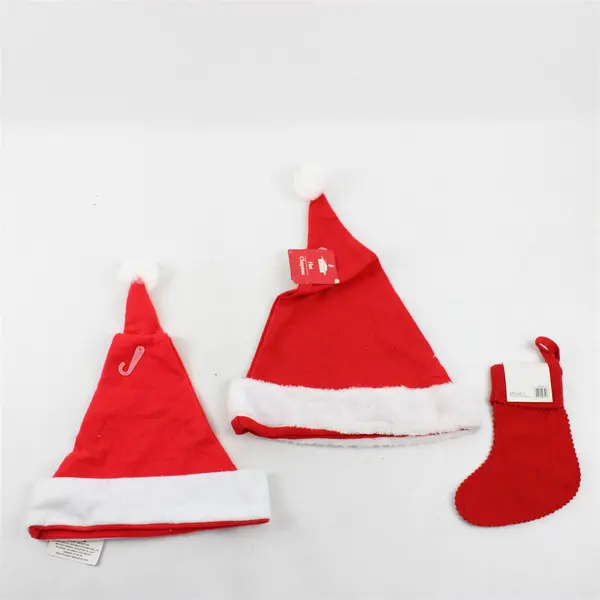 Lot of 3 Christmas Santa Hats & Mini Stocking - New Holiday Decor