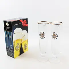 Vintage Warsteiner Tulip Beer Glasses 2pc Boxed 0.3L Gold Rimmed