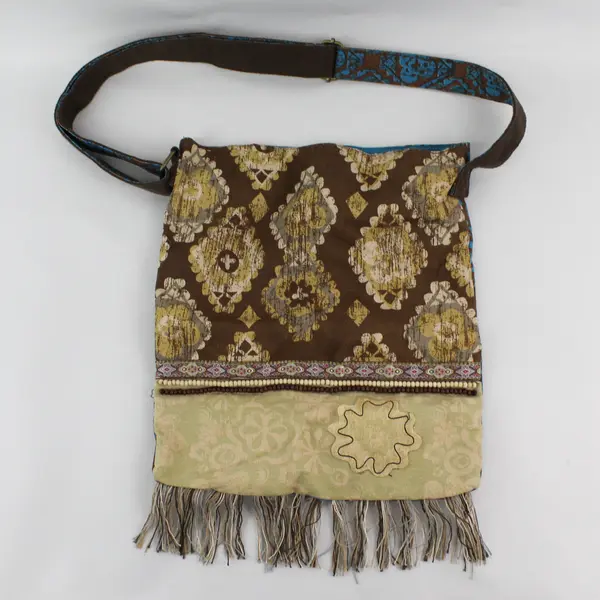 Mudd Brown & Blue Boho Beaded Patchwork Fringed Crossbody Shoulder Tote 