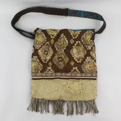Mudd Brown & Blue Boho Beaded Patchwork Fringed Crossbody Shoulder Tote 