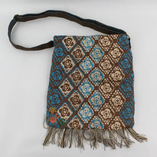 Mudd Brown & Blue Boho Beaded Patchwork Fringed Crossbody Shoulder Tote 