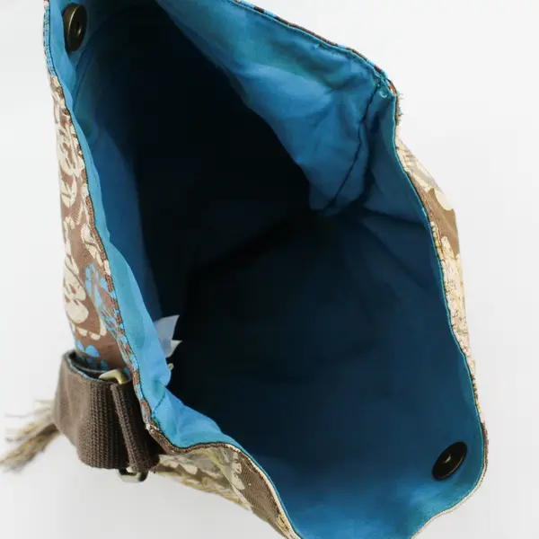 Mudd Brown & Blue Boho Beaded Patchwork Fringed Crossbody Shoulder Tote 